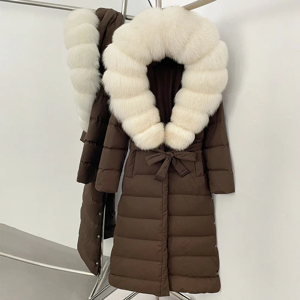 Real Faux Fur Collar Puffer Jacket Duck Down Thick Coat For Women