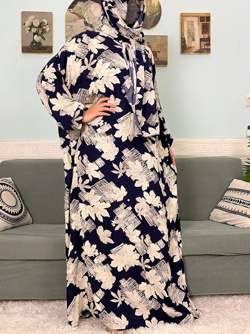 Women's Traditional Floral Ramadan Muslim Cotton Abayas Garment with attached Headscarf