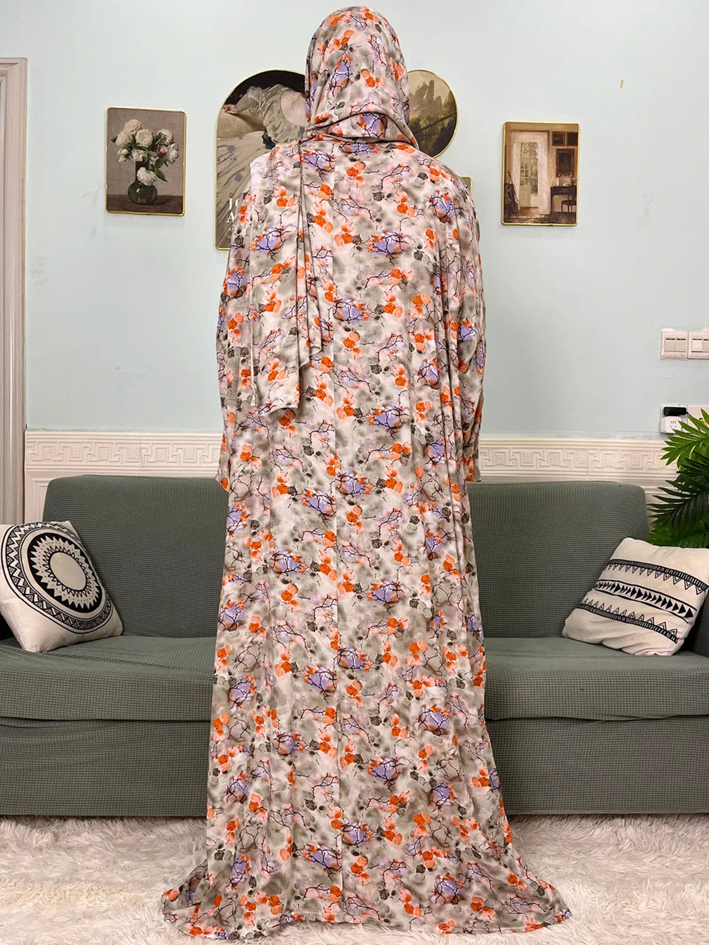 Women's Traditional Floral Ramadan Muslim Cotton Abayas Garment with attached Headscarf
