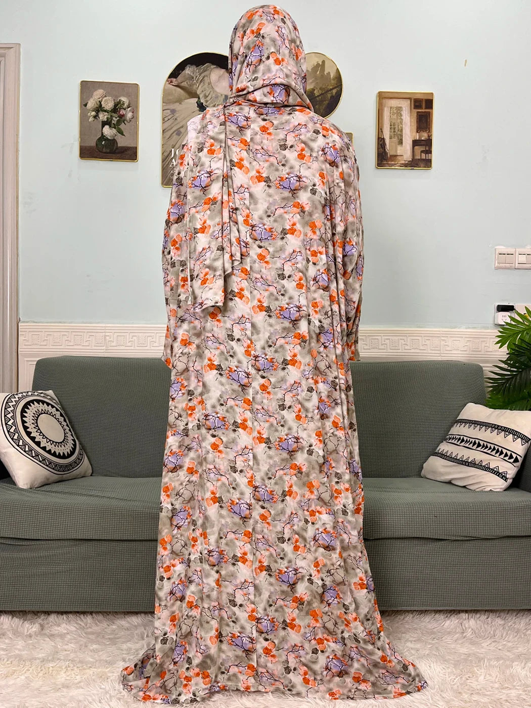 Women's Traditional Floral Ramadan Muslim Cotton Abayas Garment with attached Headscarf