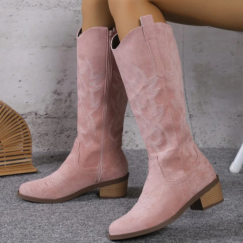 Women Chelsea Cowboy Knee High Boots for Women Mid Heels Walking Shoes Winter