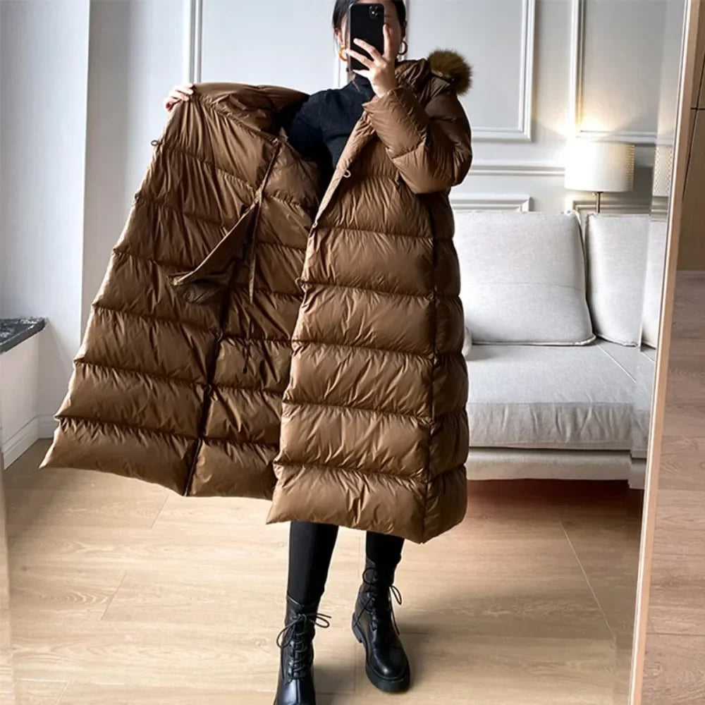 Winter Women's Ultra Light Warm Faux Fur Parka with Hooded Long Duck down Jacket White with Fur Collar Casual Snow Coat