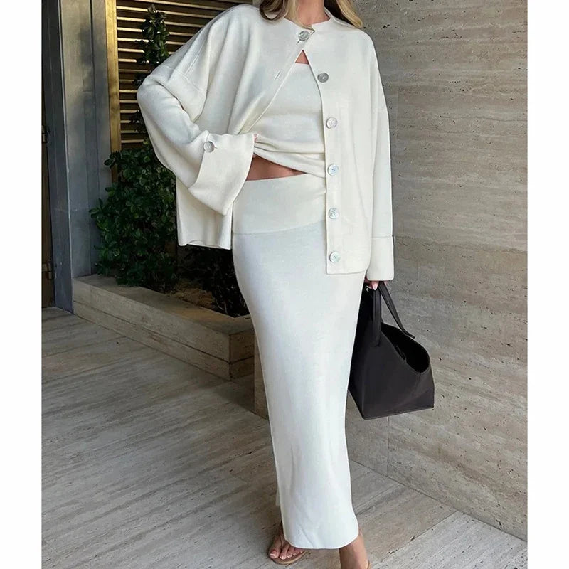 Women's Fashion Three Piece Set Solid Knitted Vest Long Sleeve Single Breasted Coat Chic Maxi Skirt Outfit Winter Casual Dress