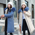 Women's Double-Sided Color Block Parka Winter Jacket with Big Fur Collar Hooded Zipper Pockets Long Sleeve Casual Overcoat
