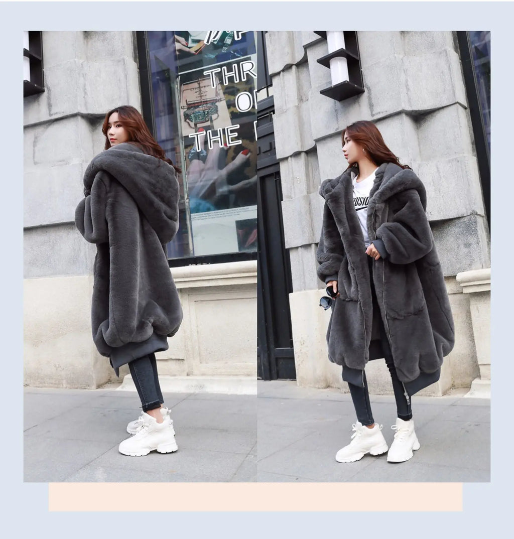 Winter Faux Fur Fashionable Hooded Cotton Long Plush Fleece Temperament Loose Jacket for Women