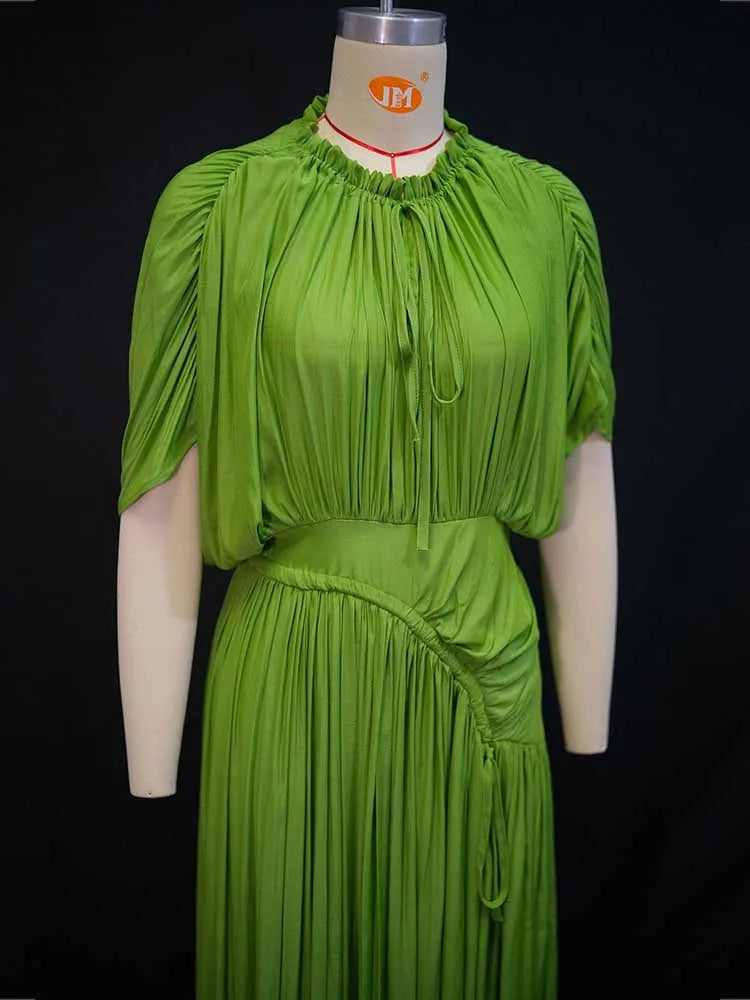 Elegant Olive Green Dress for Women Maxi Summer Dress Waist Draped Straight Type Pleated Party Dress Wholesale Dropshipping