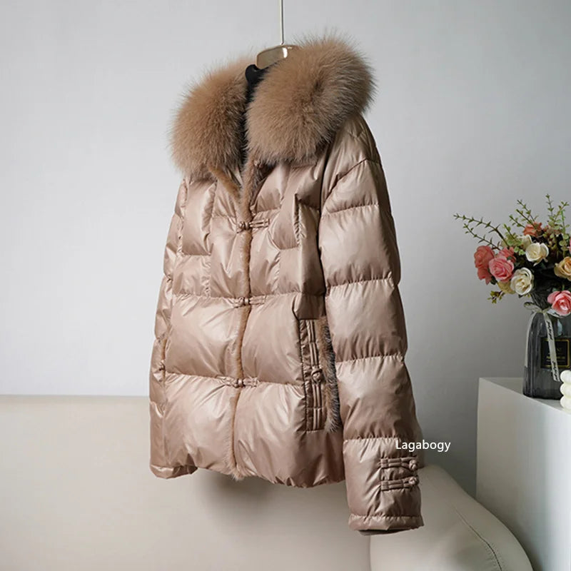 Women's White Duck down Jacket 2025 Winter Collection Real Faux Fur Collar Hair Puffer Coat Vintage Street wear
