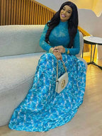 Women Autumn Light Blue Long Sleeve Dress Slim Waist Mid-turtleneck Chic Elegant Evening Wear