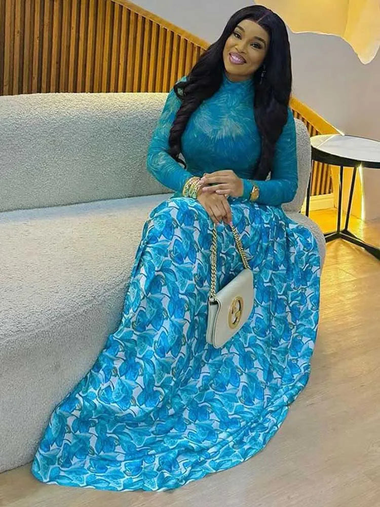 Women Autumn Light Blue Long Sleeve Dress Slim Waist Mid-turtleneck Chic Elegant Evening Wear