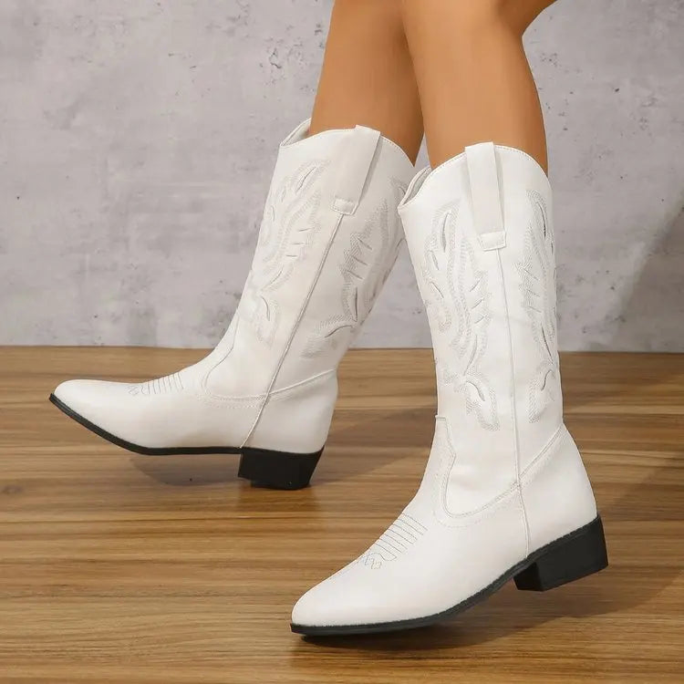 Vintage Black Western Cowboy Boots for Women Heels PU Leather Ankle Booties