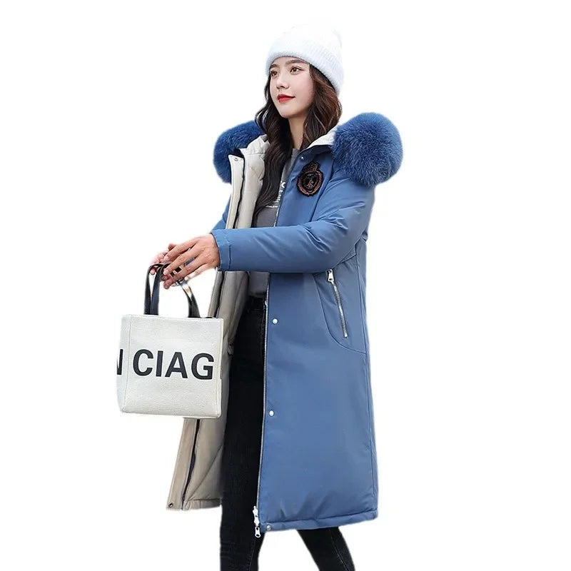 Women's Double-Sided Color Block Parka Winter Jacket with Big Fur Collar Hooded Zipper Pockets Long Sleeve Casual Overcoat