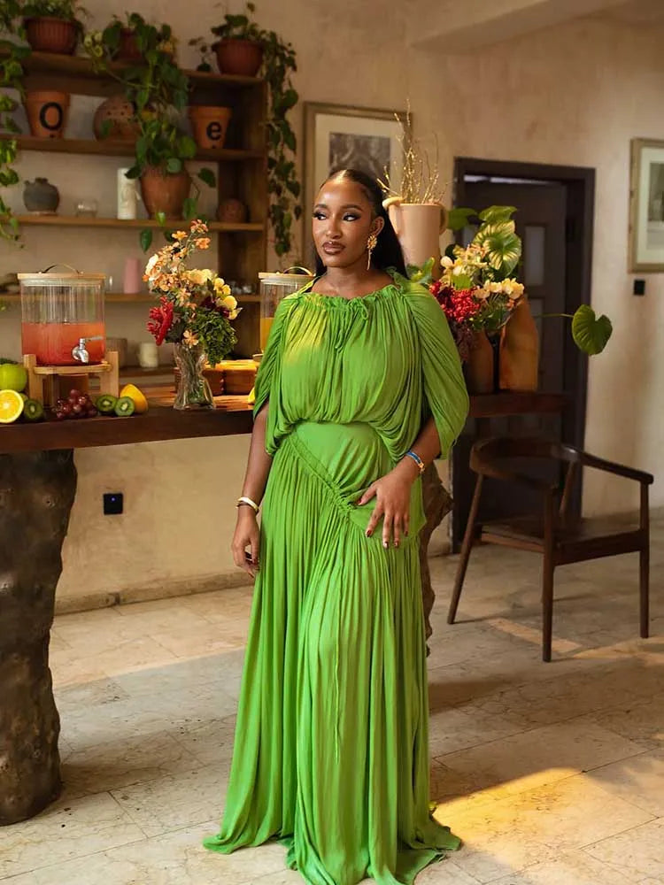 Elegant Olive Green Dress for Women Maxi Summer Dress Waist Draped Straight Type Pleated Party Dress Wholesale Dropshipping