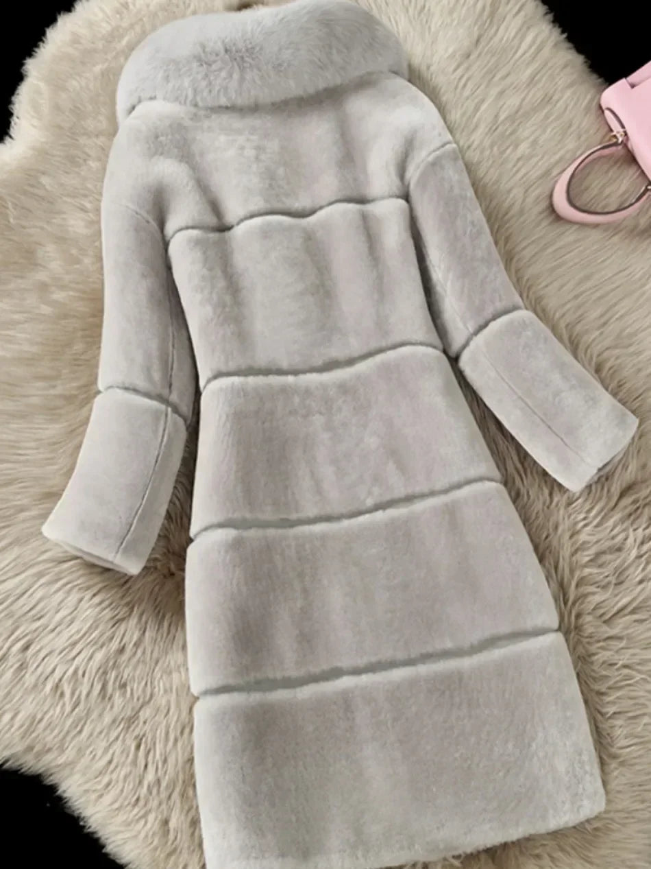 Women's Elegant Imitation Faux Fur Collar Warm Coat Fashion Plush V-Neck Button Detail