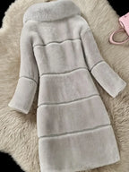 Women's Elegant Imitation Faux Fur Collar Warm Coat Fashion Plush V-Neck Button Detail