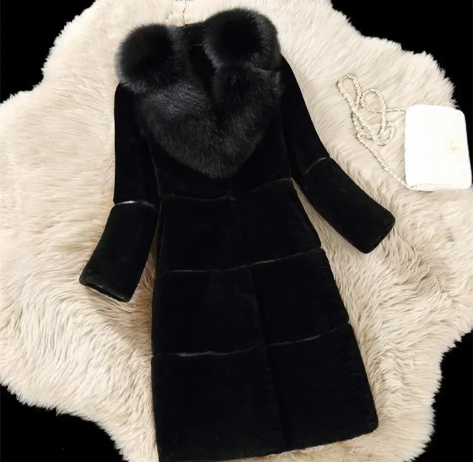 Women's Elegant Imitation Faux Fur Collar Warm Coat Fashion Plush V-Neck Button Detail