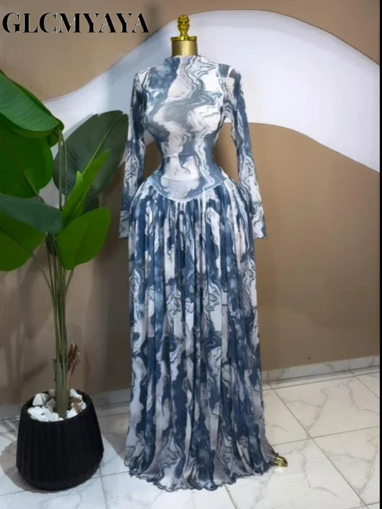 Women leaf Print patchwork smock Midi A-line Long Maxi Elegant Evening Dresses
