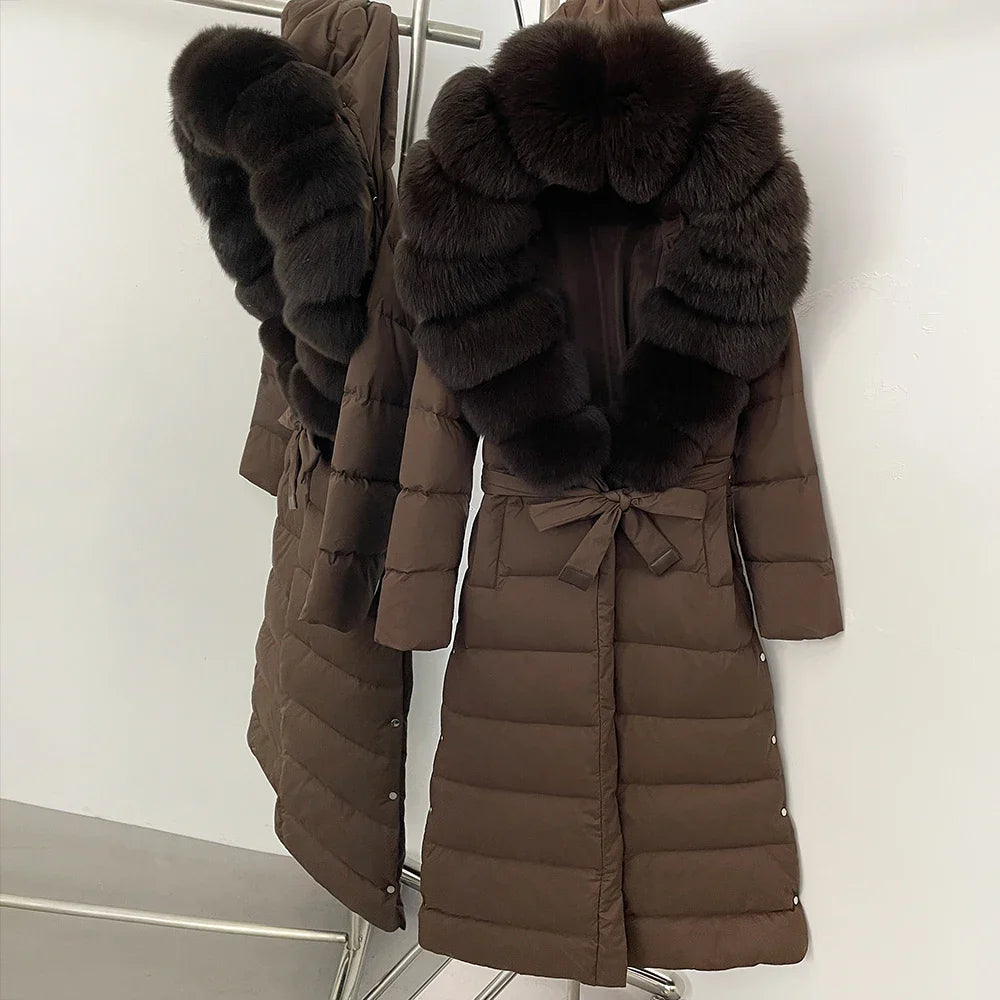 Real Faux Fur Collar Puffer Jacket Duck Down Thick Coat For Women