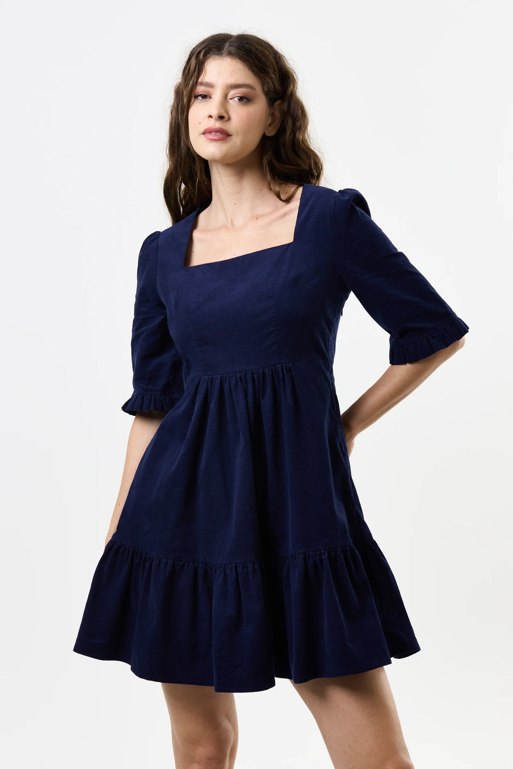 Sassa Lightweight Baby Cord Tiered Mini Dress - Navy