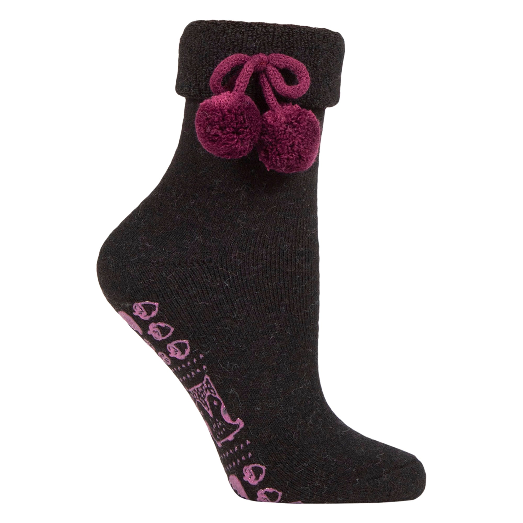 1 Pair Ladies Wool Mix Slipper Socks with Pom Pom - Warm Soft Cosy Comfort