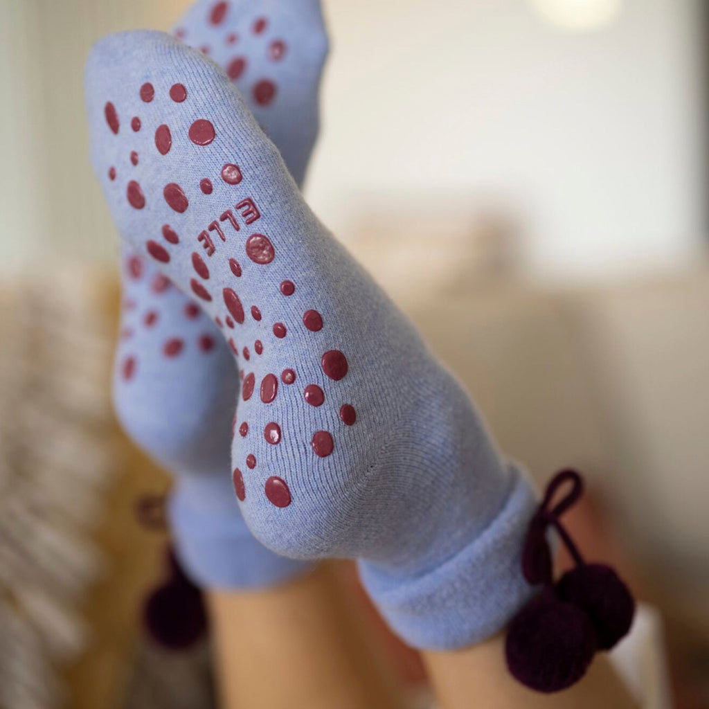 1 Pair Ladies Wool Mix Slipper Socks with Pom Pom - Warm Soft Cosy Comfort