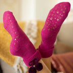 1 Pair Ladies Wool Mix Slipper Socks with Pom Pom - Warm Soft Cosy Comfort