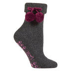 1 Pair Ladies Wool Mix Slipper Socks with Pom Pom - Warm Soft Cosy Comfort
