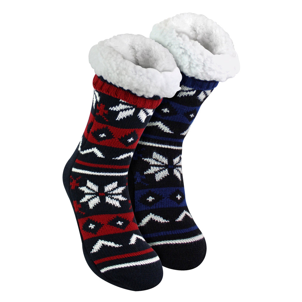 2 Pack Mens Fairisle Knit Slipper Sock with Sherpa | Christmas Non Slip Socks