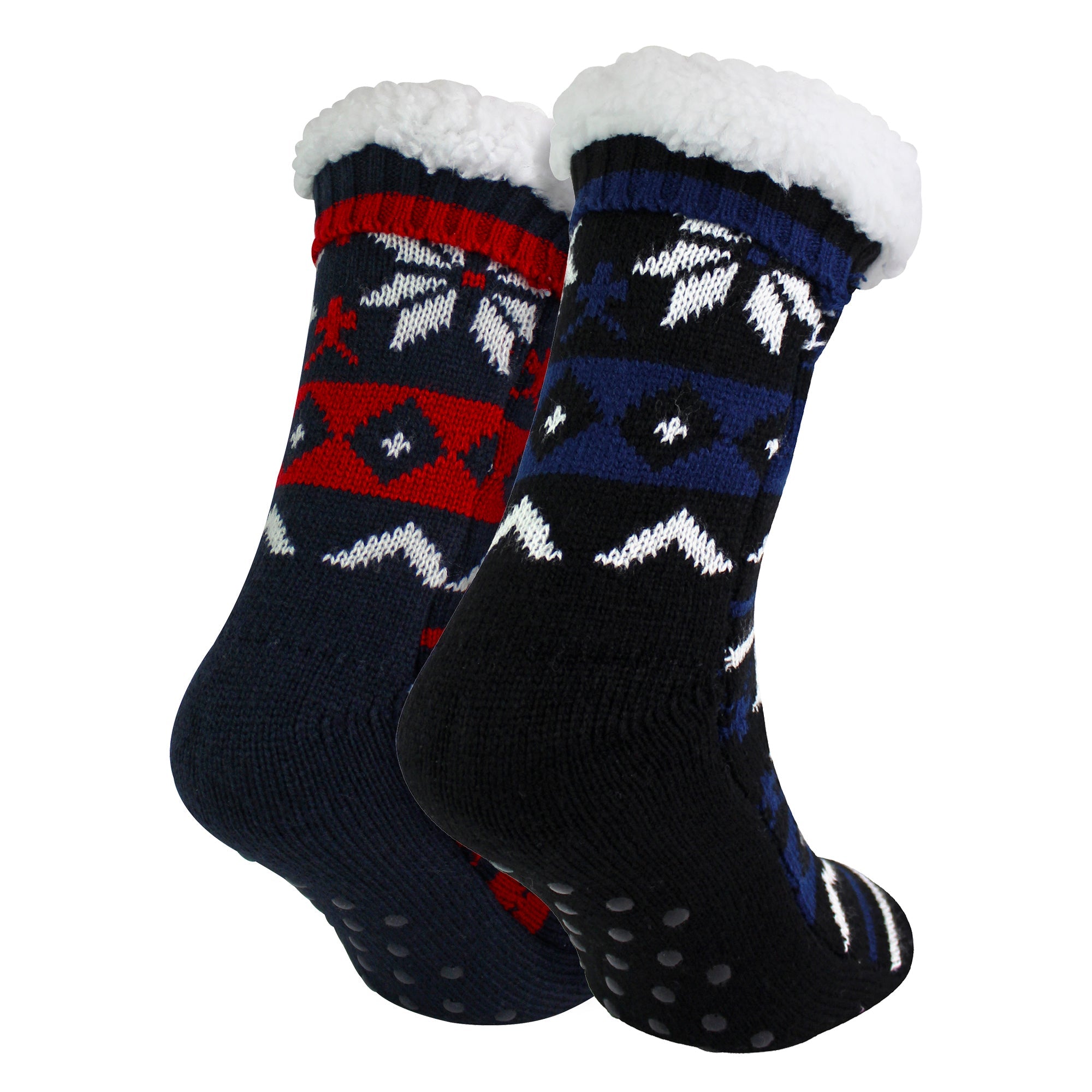 2 Pack Mens Fairisle Knit Slipper Sock with Sherpa | Christmas Non Slip Socks