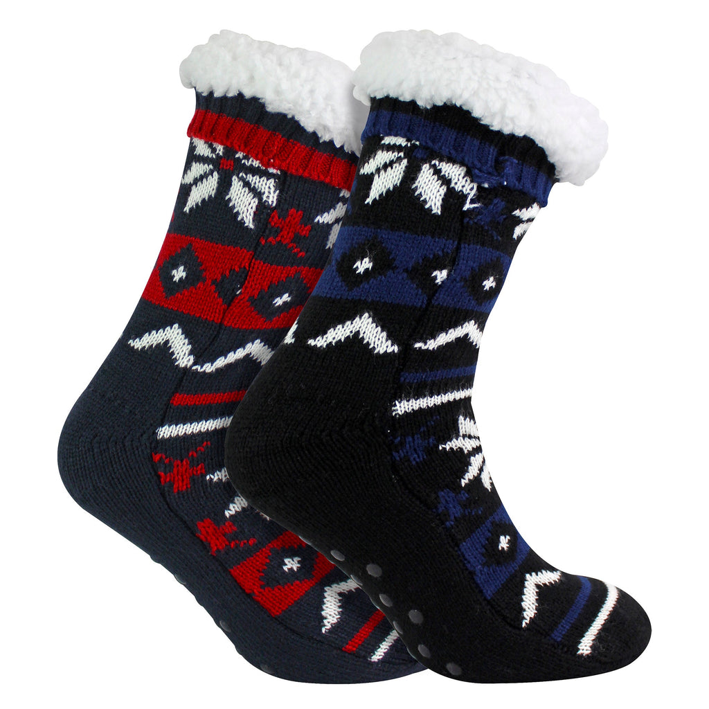 2 Pack Mens Fairisle Knit Slipper Sock with Sherpa | Christmas Non Slip Socks