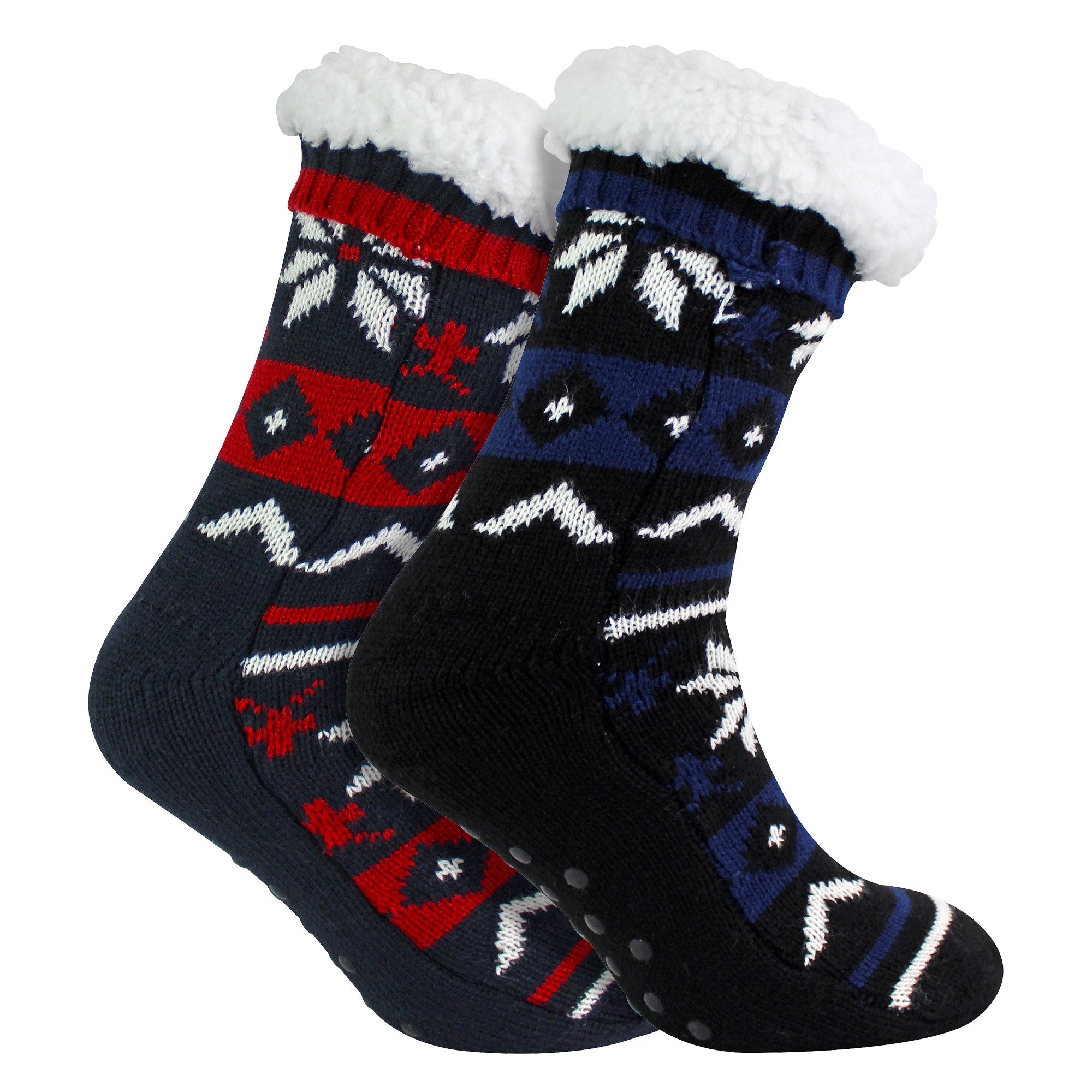 2 Pack Mens Fairisle Knit Slipper Sock with Sherpa | Christmas Non Slip Socks
