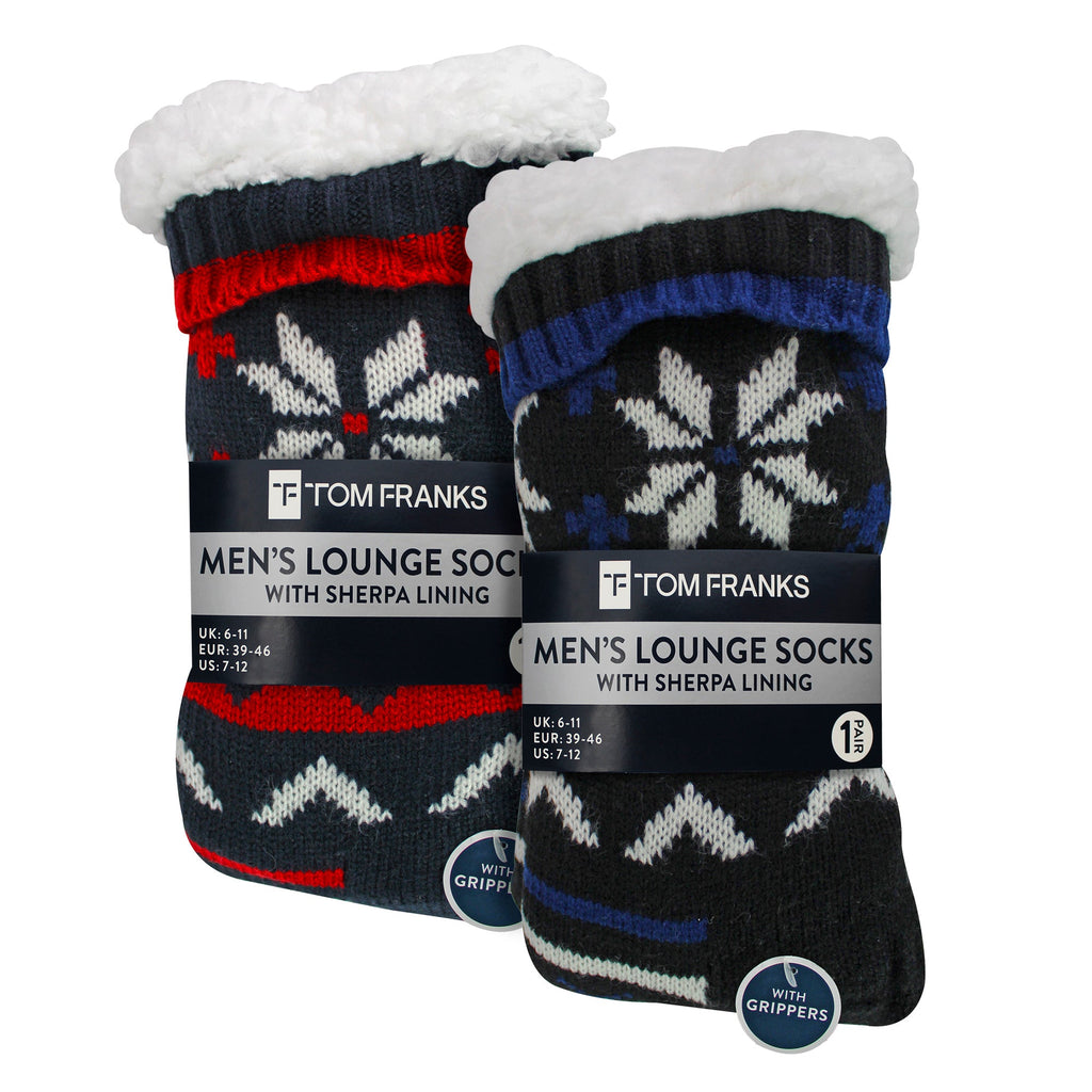 2 Pack Mens Fairisle Knit Slipper Sock with Sherpa | Christmas Non Slip Socks