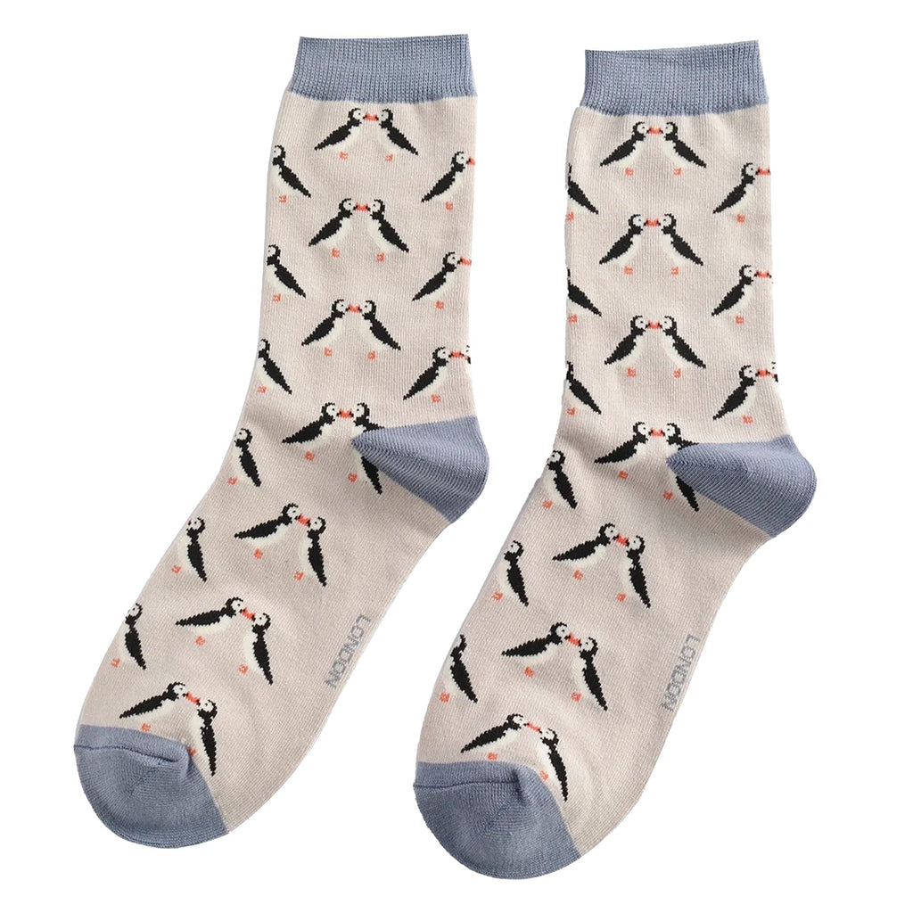 1 Pack Ladies Novelty Silver Kissing Puffins Bamboo Socks