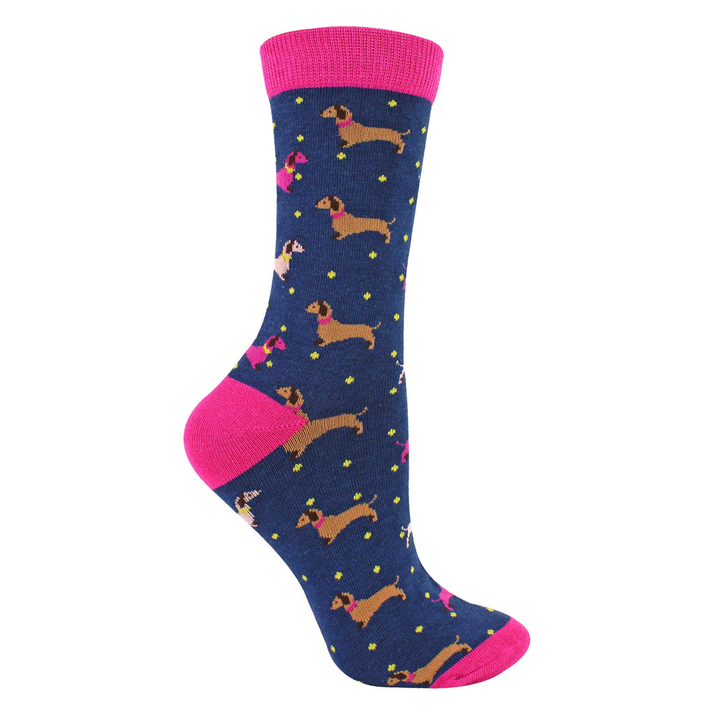 1 Pack Ladies Novelty Navy Sausage Dog & Spots Bamboo Socks