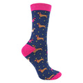 1 Pack Ladies Novelty Navy Sausage Dog & Spots Bamboo Socks