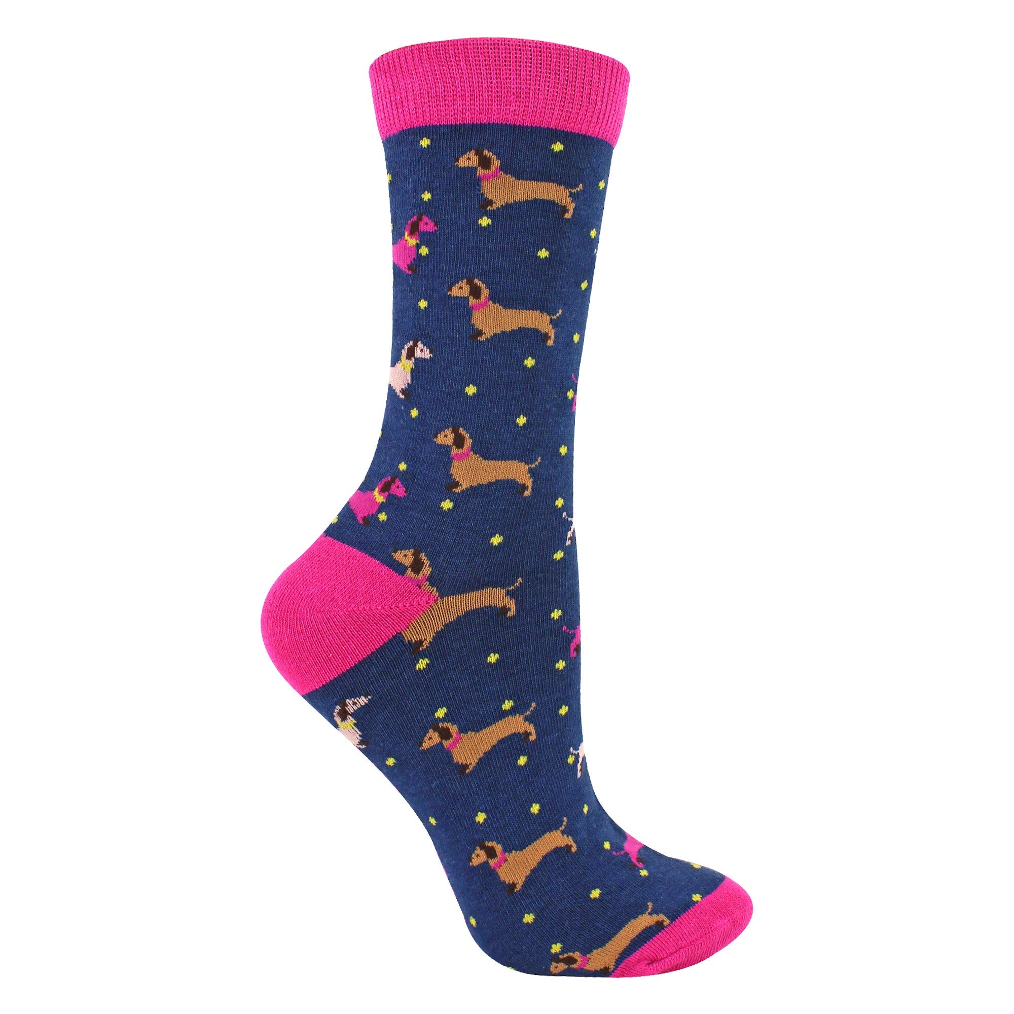 1 Pack Ladies Novelty Navy Sausage Dog & Spots Bamboo Socks