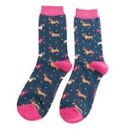 1 Pack Ladies Novelty Navy Sausage Dog & Spots Bamboo Socks