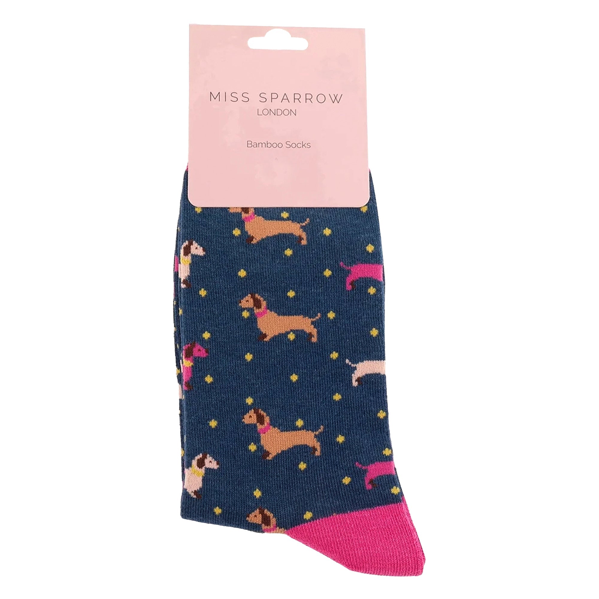 1 Pack Ladies Novelty Navy Sausage Dog & Spots Bamboo Socks