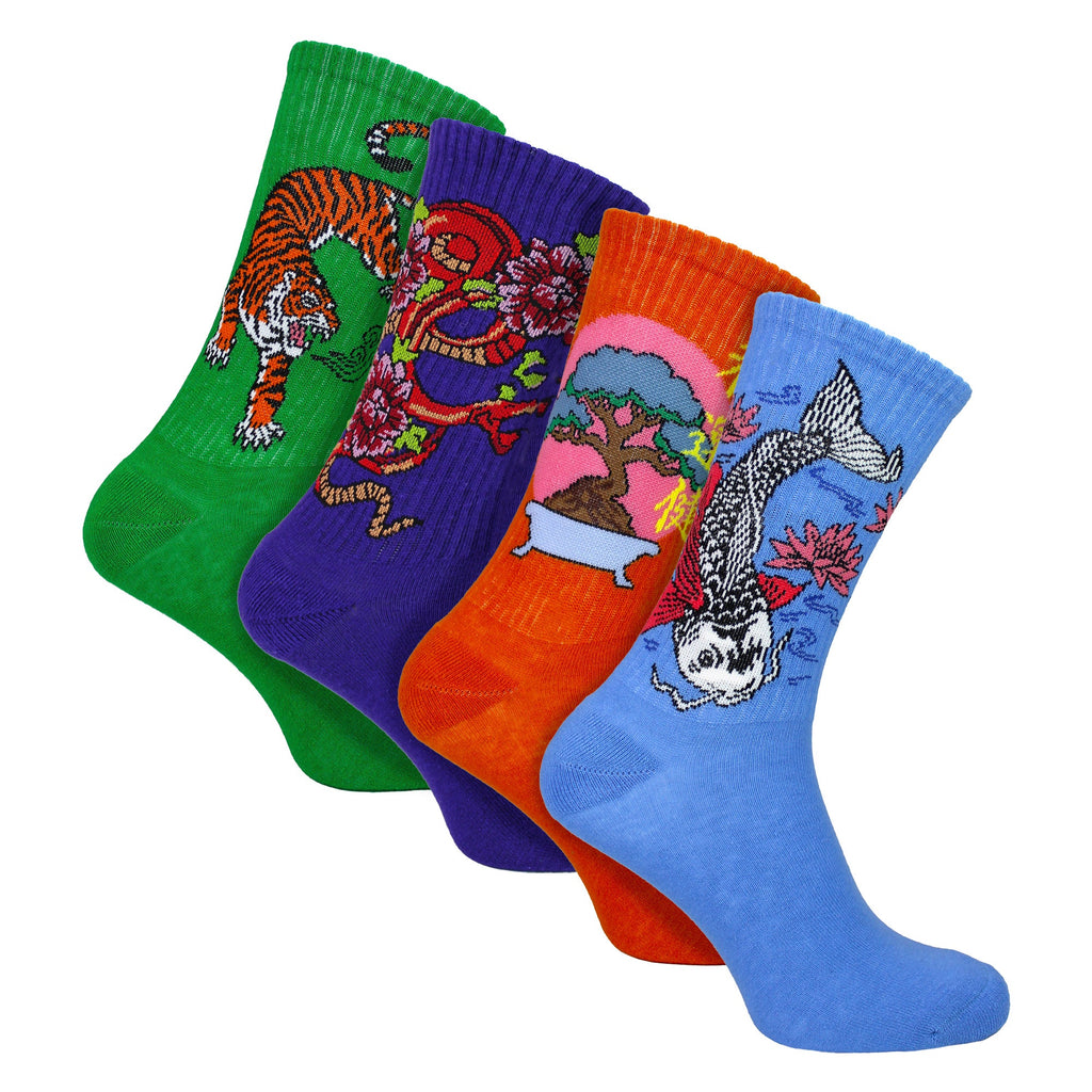 4 Pairs Mens Novelty Japanese Style Cotton Socks with Fun Patterns