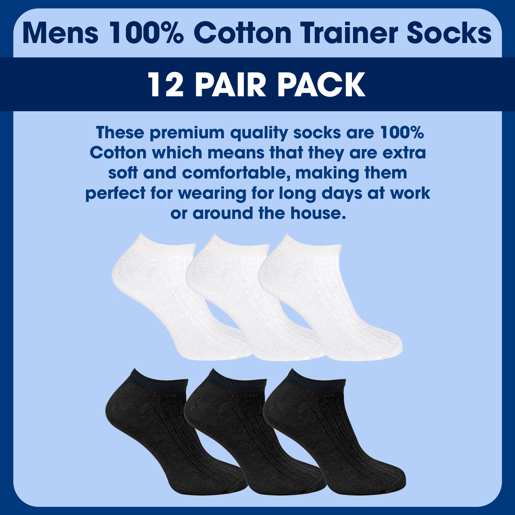 12 Pack Mens 100% Cotton Trainer Socks