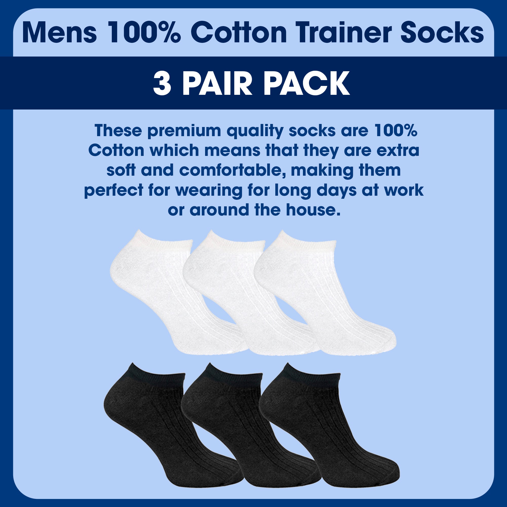 3 Pack Mens 100% Cotton Trainer Socks