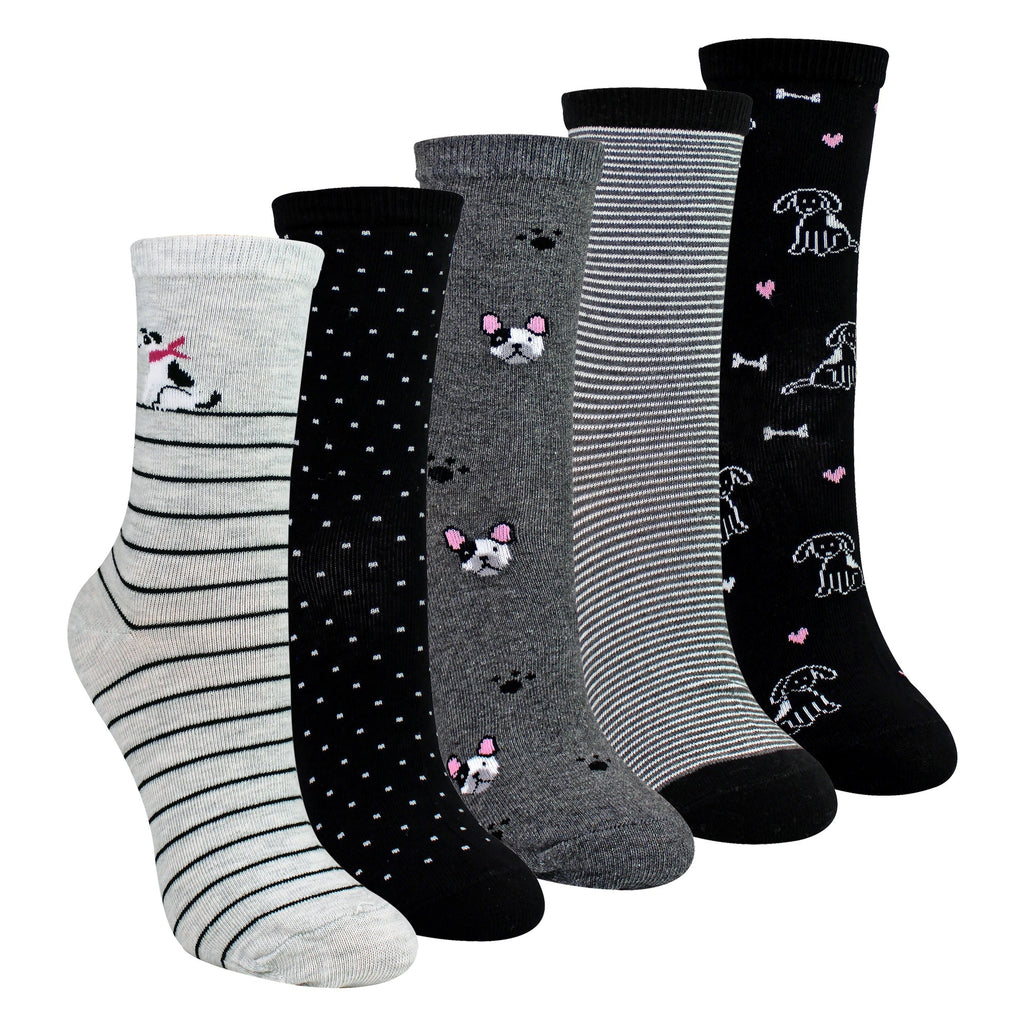 5 Pairs Ladies Dog Patterned Socks - Soft Cotton Rich Fun Dog Design Socks