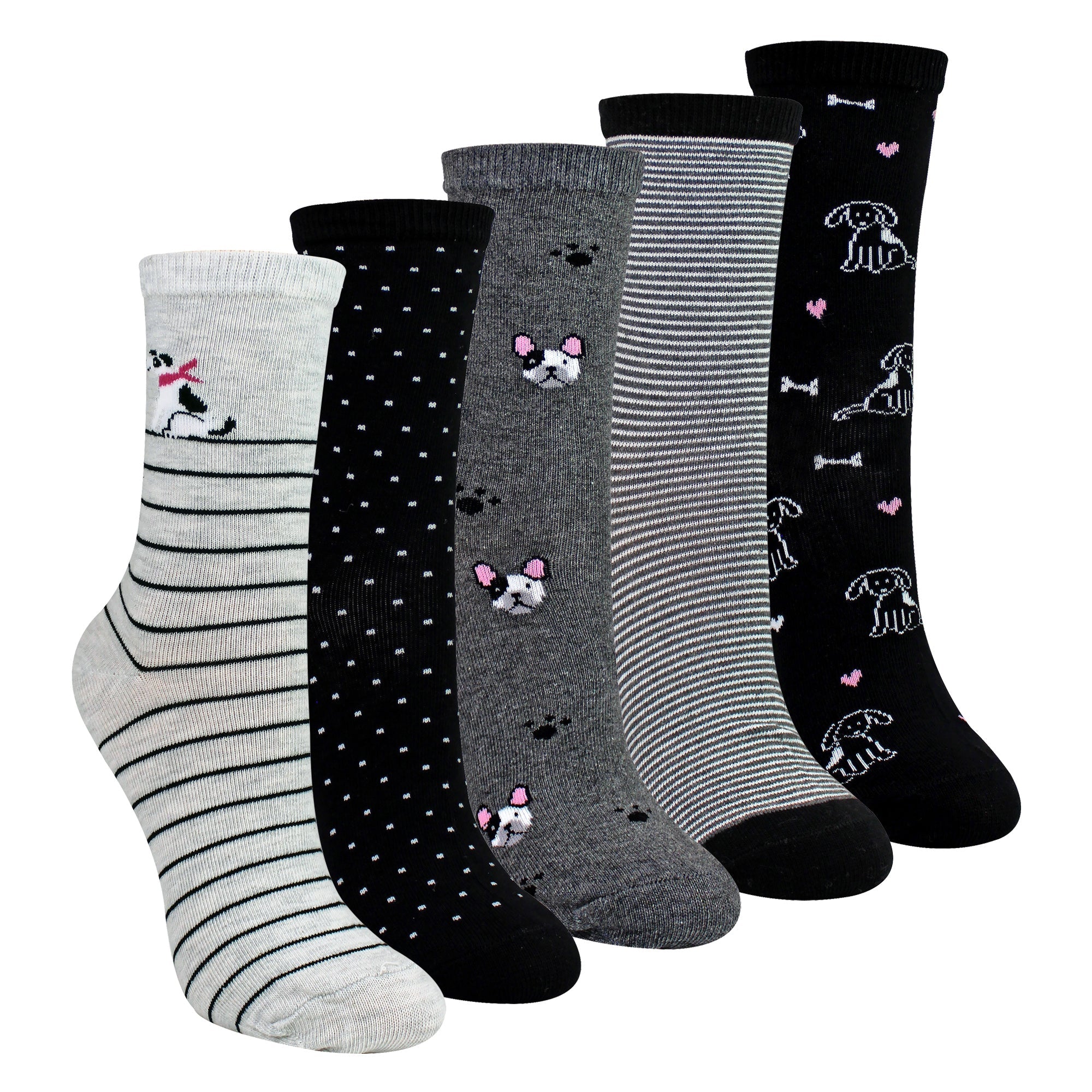 5 Pairs Ladies Dog Patterned Socks - Soft Cotton Rich Fun Dog Design Socks
