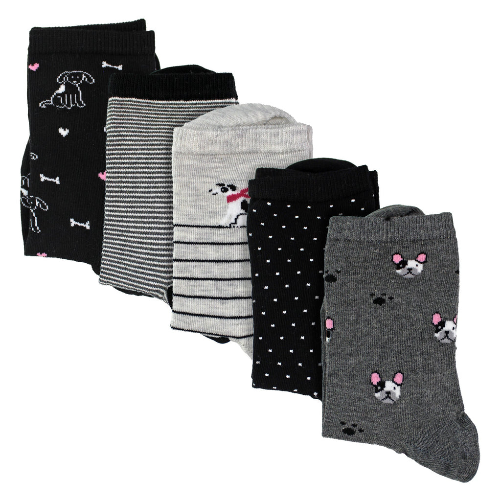 5 Pairs Ladies Dog Patterned Socks - Soft Cotton Rich Fun Dog Design Socks