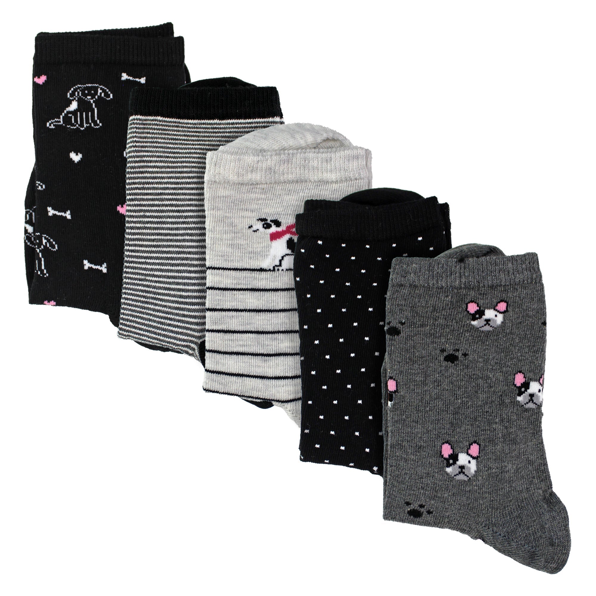 5 Pairs Ladies Dog Patterned Socks - Soft Cotton Rich Fun Dog Design Socks