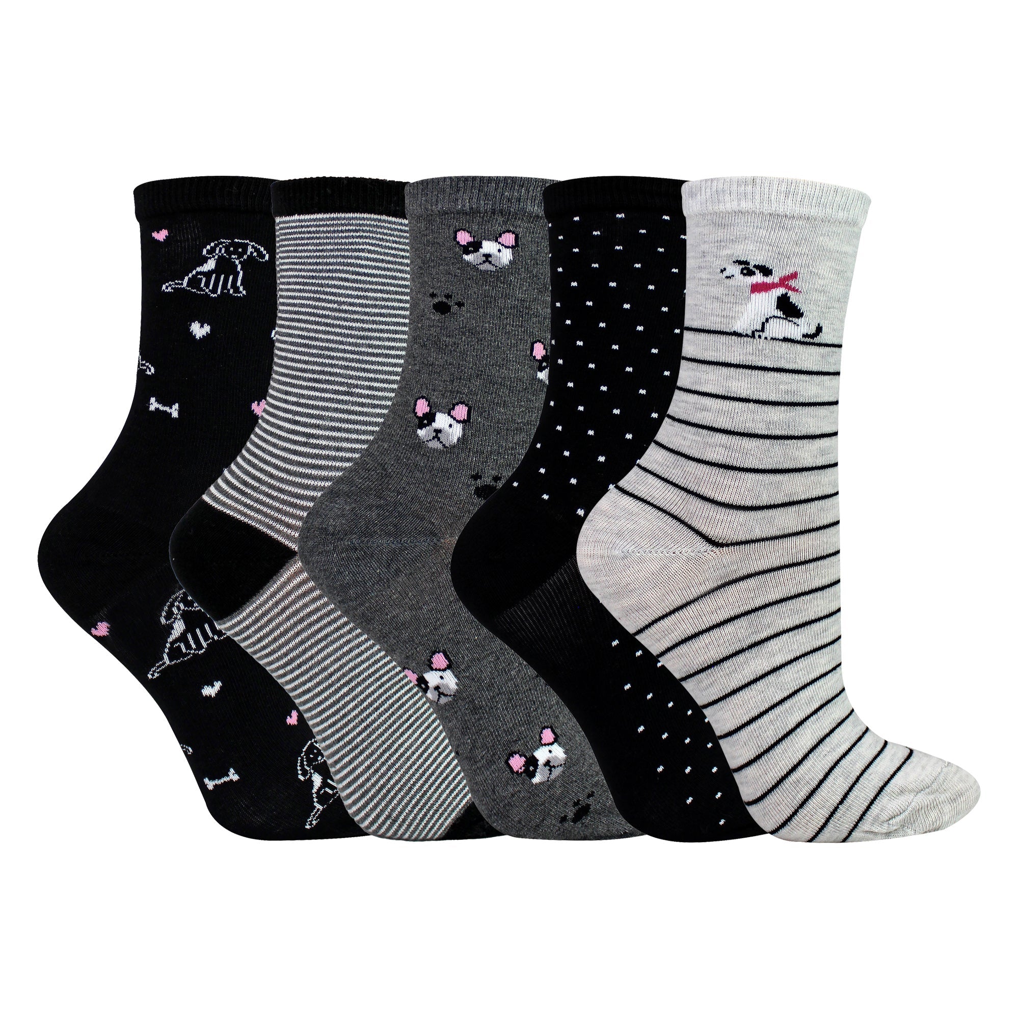 5 Pairs Ladies Dog Patterned Socks - Soft Cotton Rich Fun Dog Design Socks