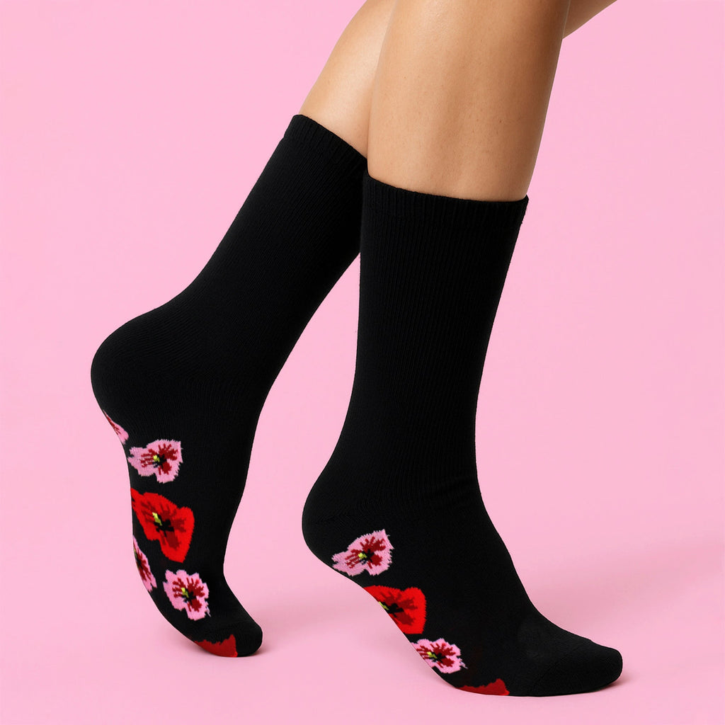10 Pairs Ladies Poppy Footbed Socks - Soft Cotton Rich Floral Everyday Socks