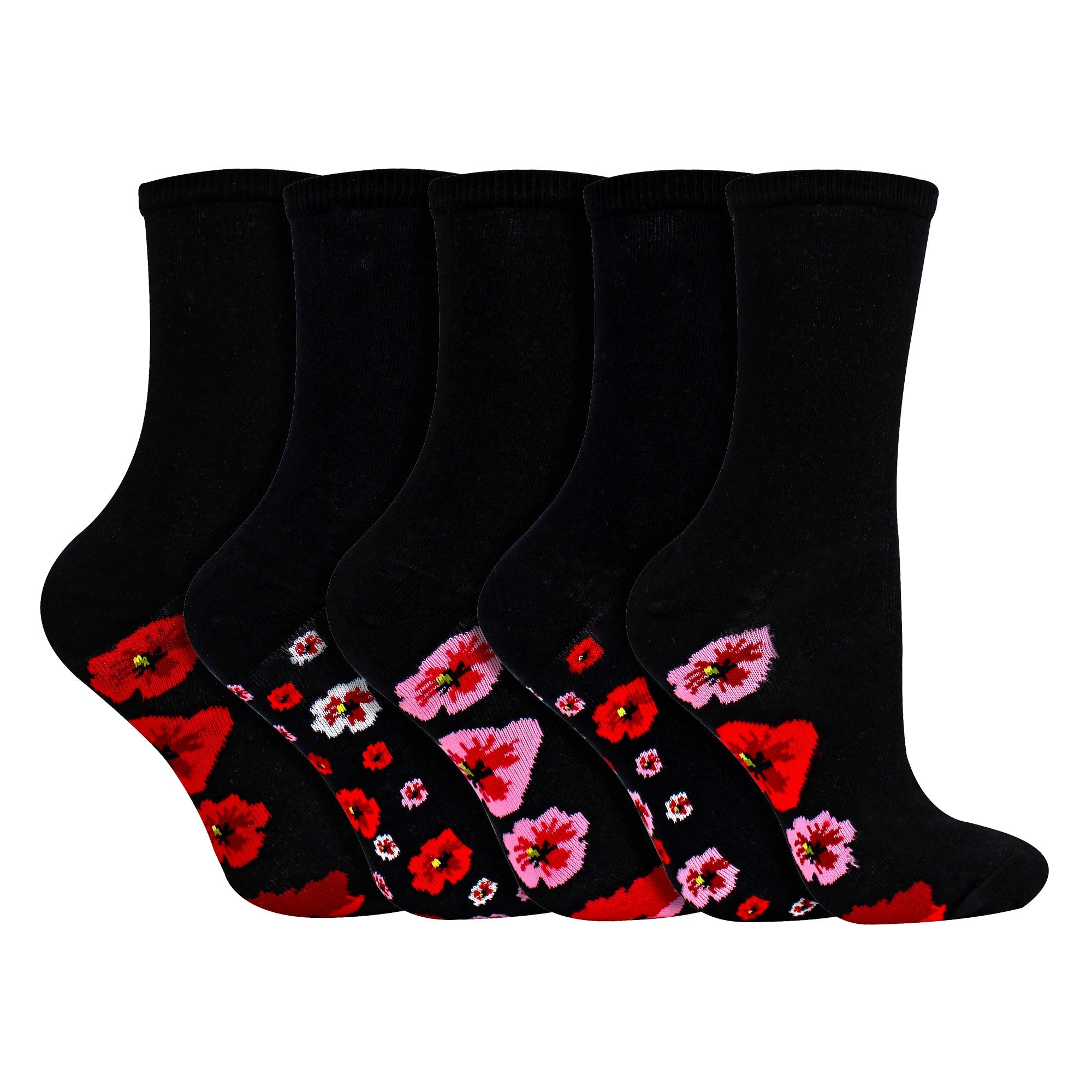 10 Pairs Ladies Poppy Footbed Socks - Soft Cotton Rich Floral Everyday Socks