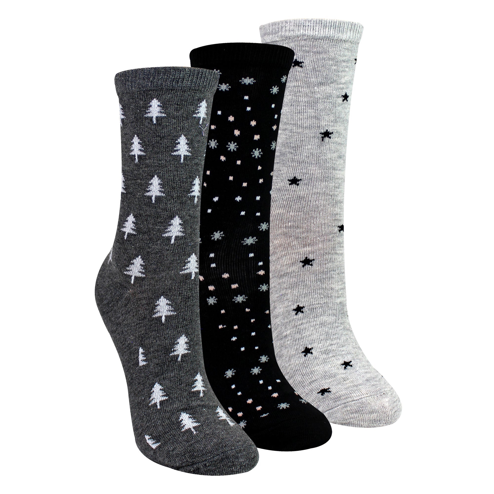 3 Pairs Ladies Stars and Trees Patterned Socks - Soft Cotton Rich Everyday Socks