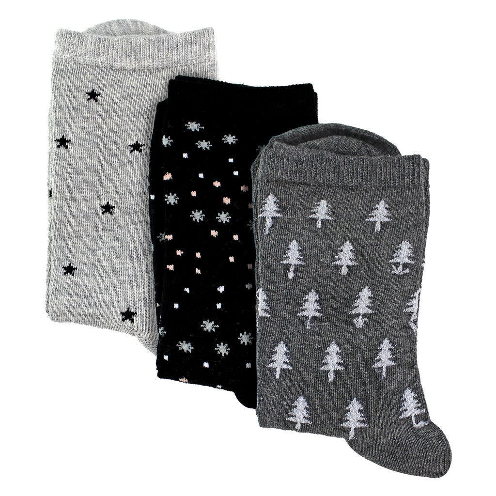 3 Pairs Ladies Stars and Trees Patterned Socks - Soft Cotton Rich Everyday Socks