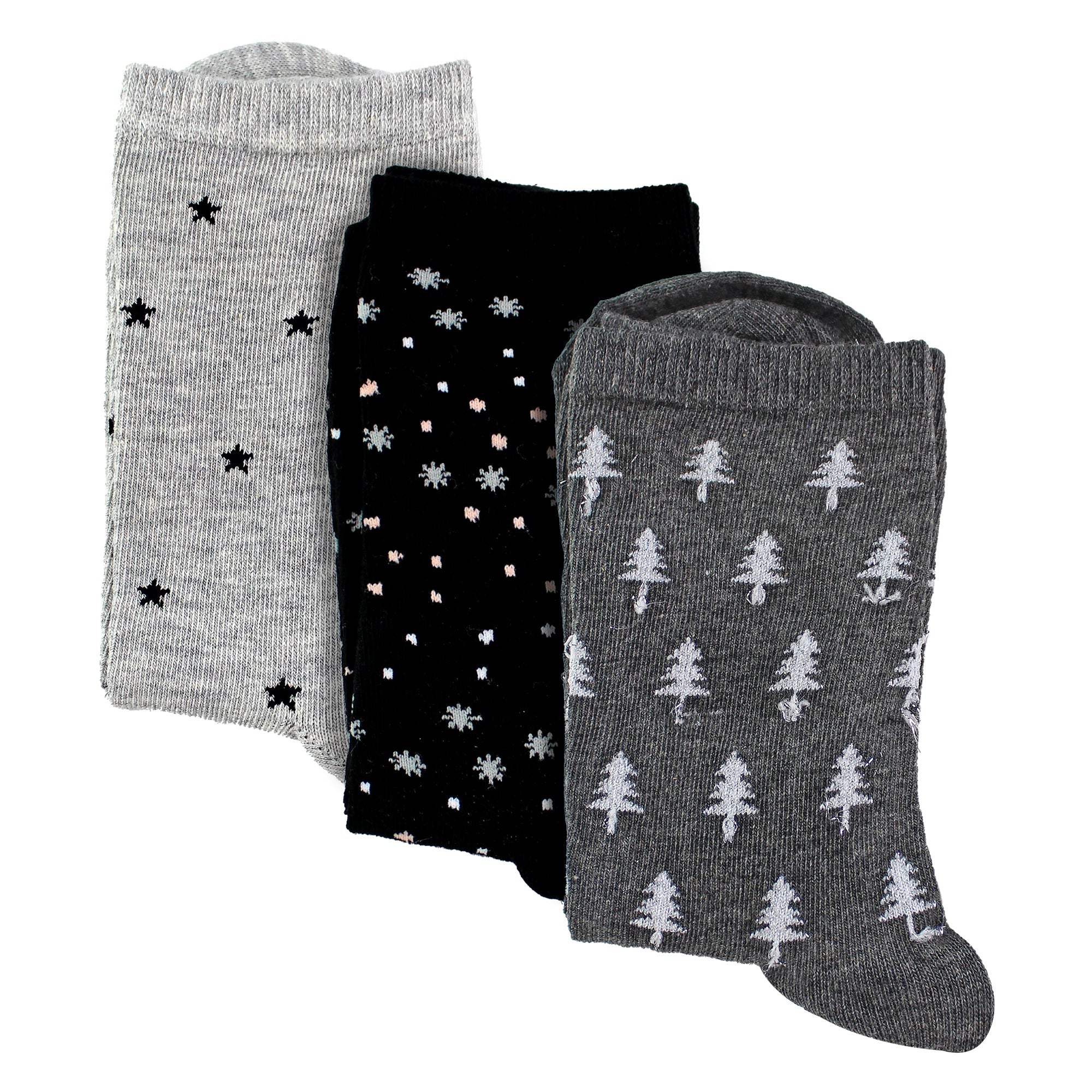 3 Pairs Ladies Stars and Trees Patterned Socks - Soft Cotton Rich Everyday Socks